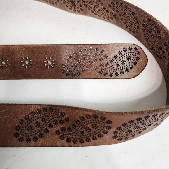 Lucky Brand Sun Flower Floral Leather Belt Lazer Cut Brown Large - Picture 3 of 9